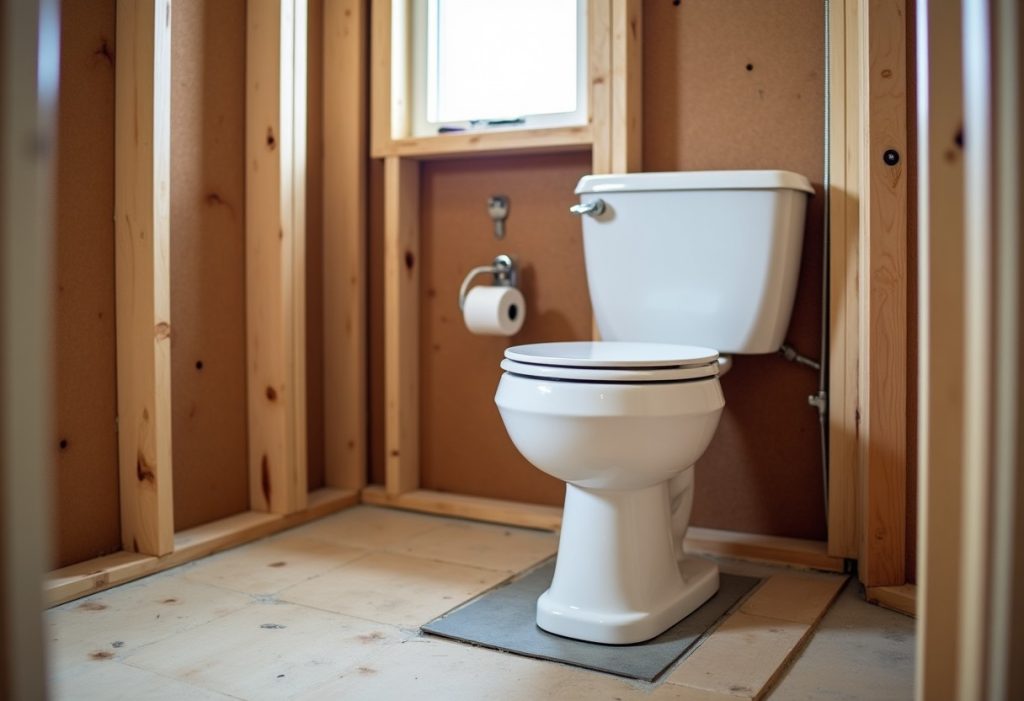 Toilet flange set in a plywood subfloor in front of a bare stud wall