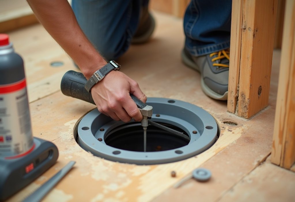 Offset closet flange fitted over drain opening on subfloor with hacksaw nearby