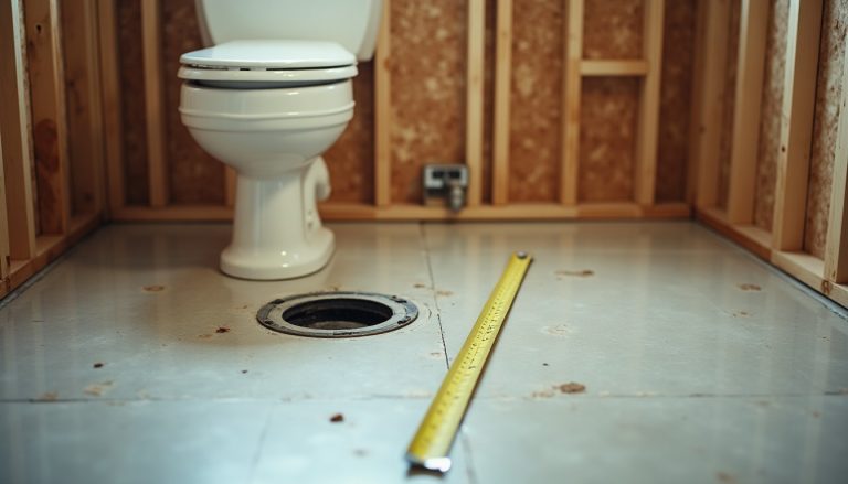 A bathroom floor during renovation with a toilet flange installed in a plywood subfloor and a framed wall behind it, a t