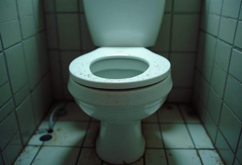 Water droplets covering the full outside surface of a toilet tank with a puddle on the floor