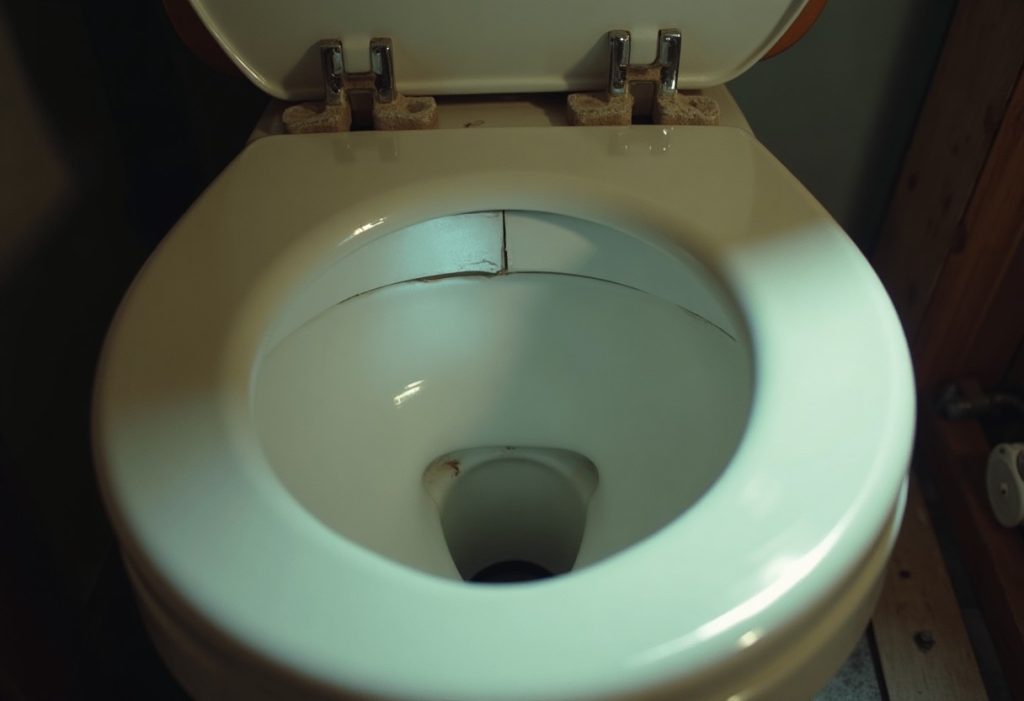 Hairline crack visible inside a toilet tank wall near the waterline, lit by flashlight