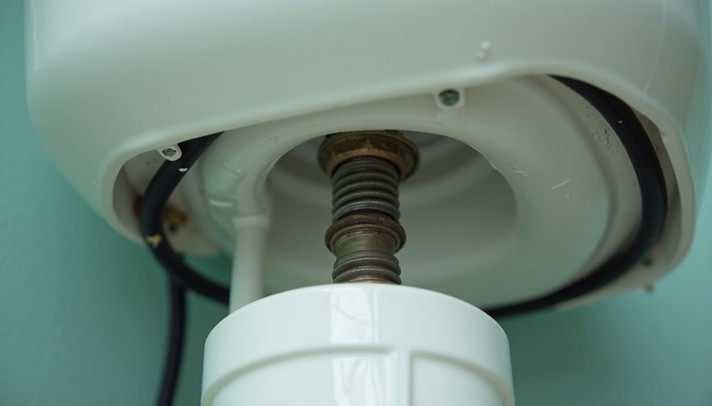 The underside of a white toilet tank showing the tank-to-bowl bolts and a black rubber gasket with water droplets beadin