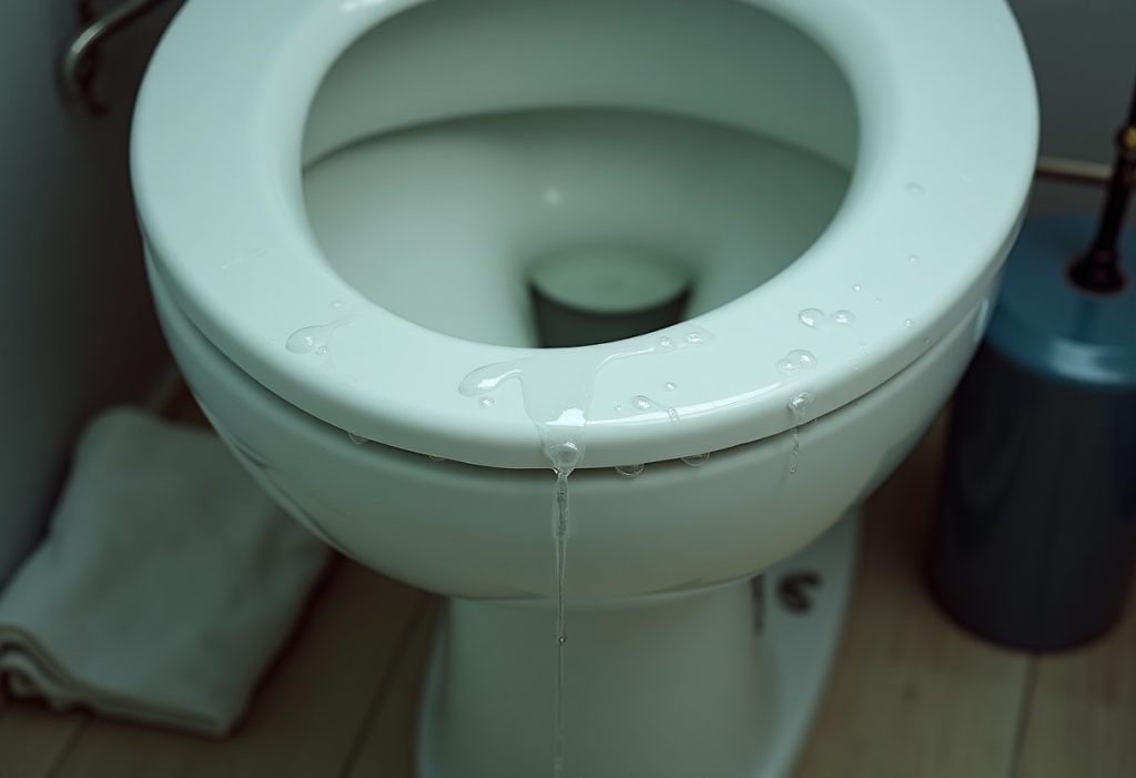 Water droplets beading on the outside of a toilet tank with a damp towel on the floor