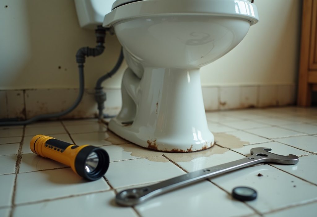 Puddle of water pooled near the base and bolts of a toilet with a wrench nearby