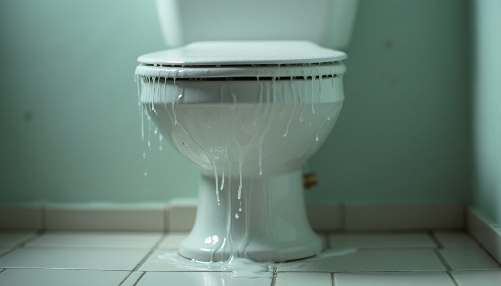 Close-up of condensation droplets running down the outside of a white porcelain toilet tank onto the tile floor, humid b