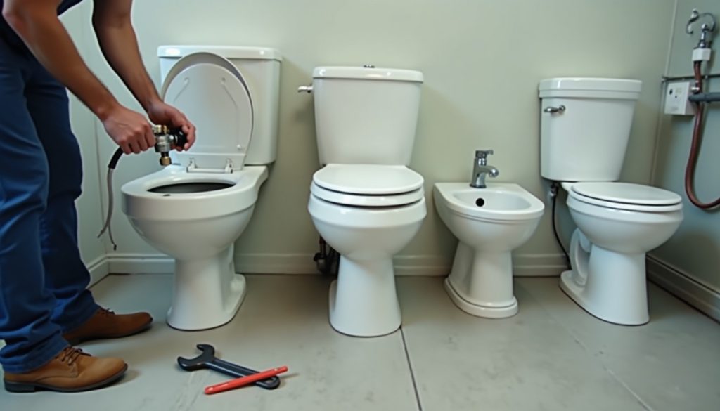 Showroom display of toilet types: two-piece, skirted one-piece, wall-hung, and corner model, with hands adjusting a fill