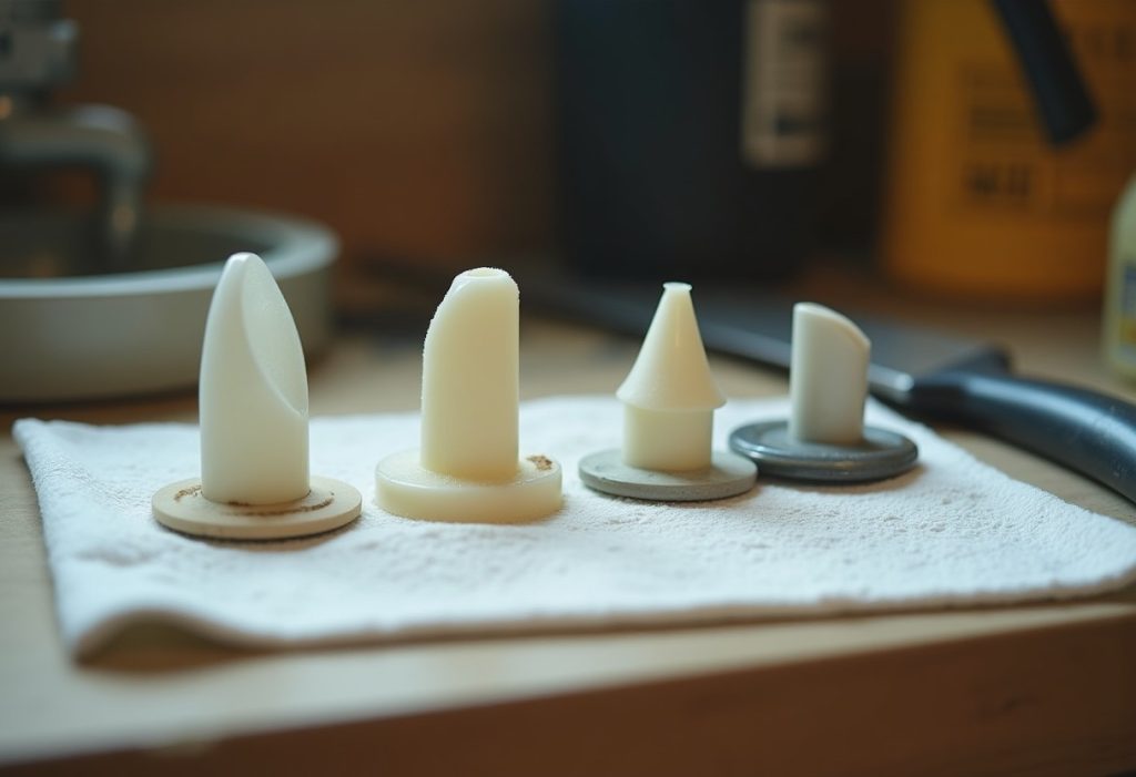 Four types of toilet wax rings laid out on a workbench for comparison