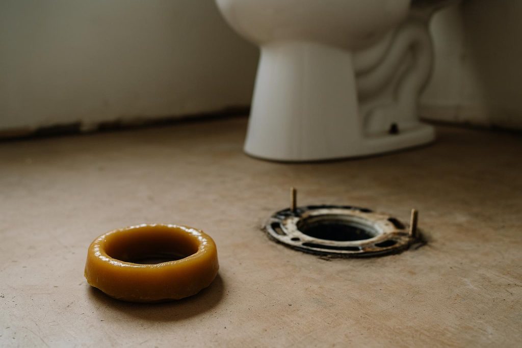 A new toilet wax ring beside an uninstalled toilet and flange