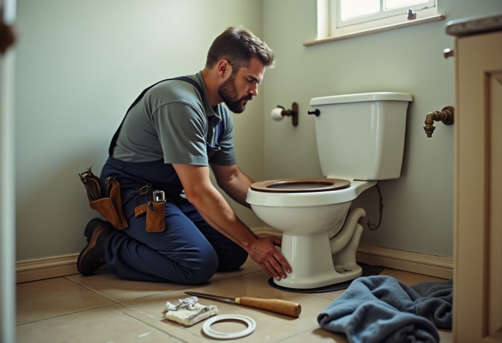 Plumber lifting a toilet bowl off the flange with tools and new wax ring nearby