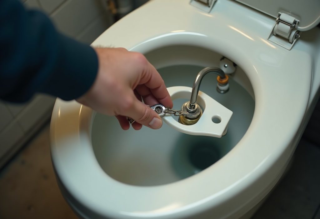 Hand reattaching lift chain to toilet handle arm inside open tank