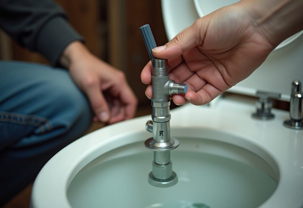 Hand adjusting float arm on fill valve inside toilet tank