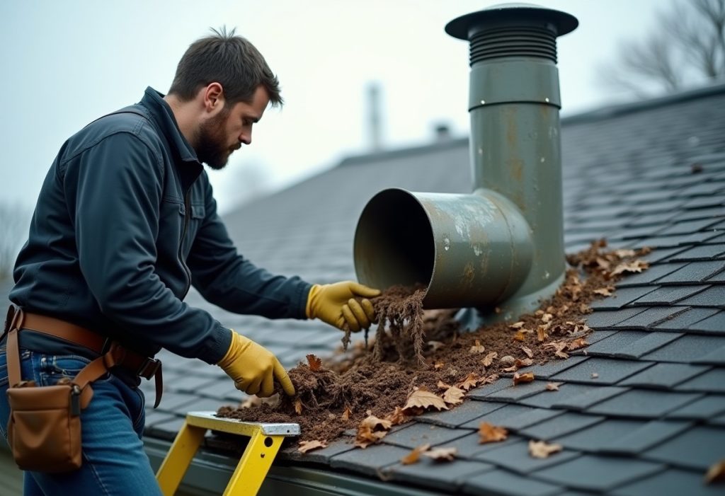 Gloved hands clearing debris from a rooftop plumbing vent pipe
