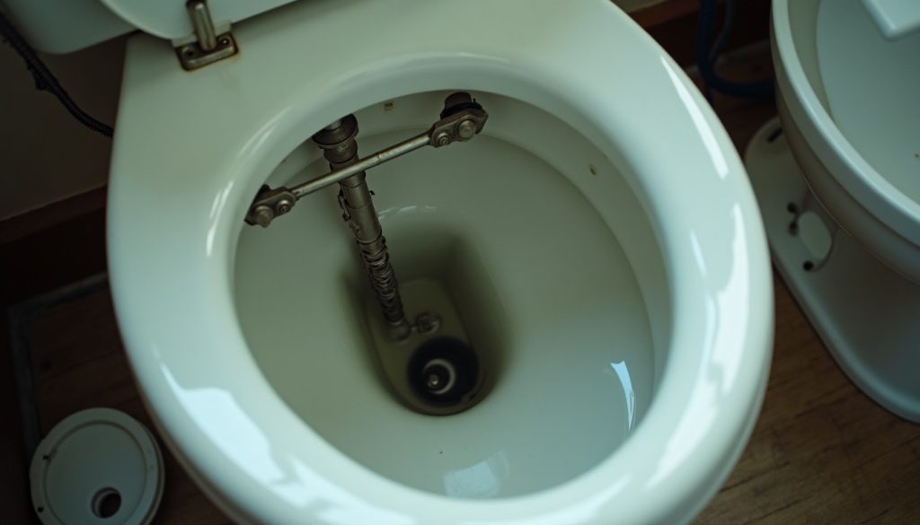 The inside of an open toilet tank with the lift chain, flapper and flush lever arm visible, tank lid resting beside it