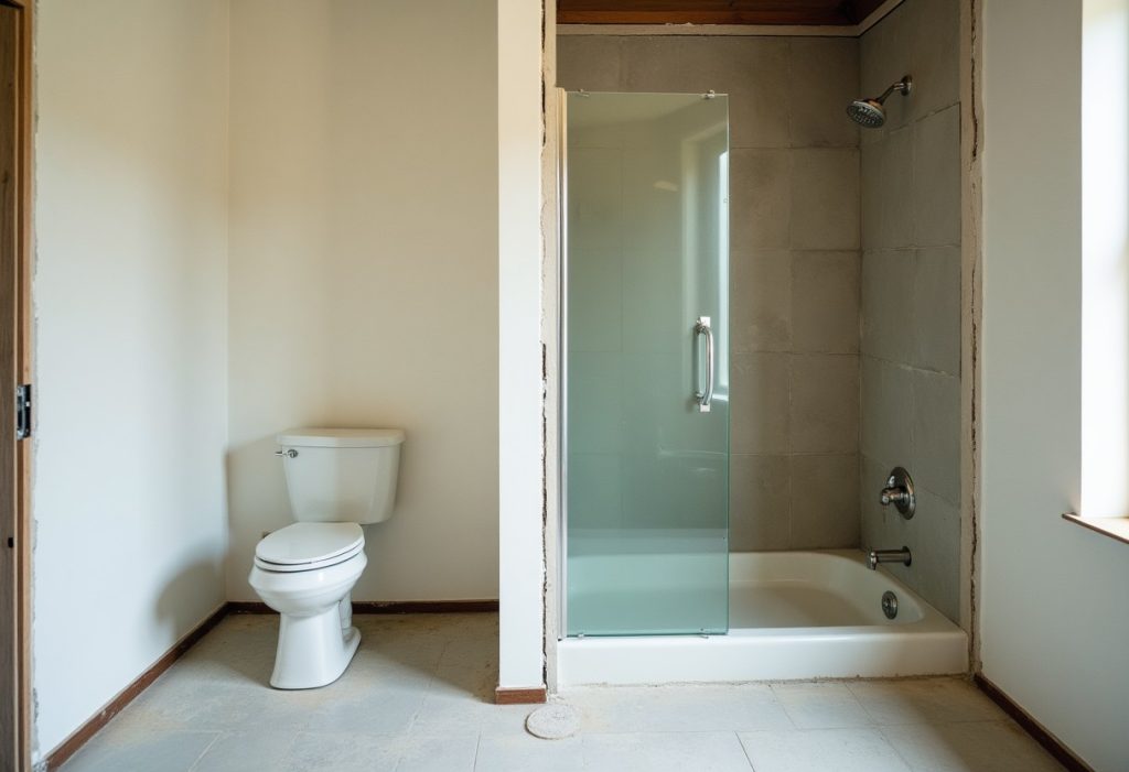 Bathroom alcove showing acrylic shower panel next to tiled curb section under renovation