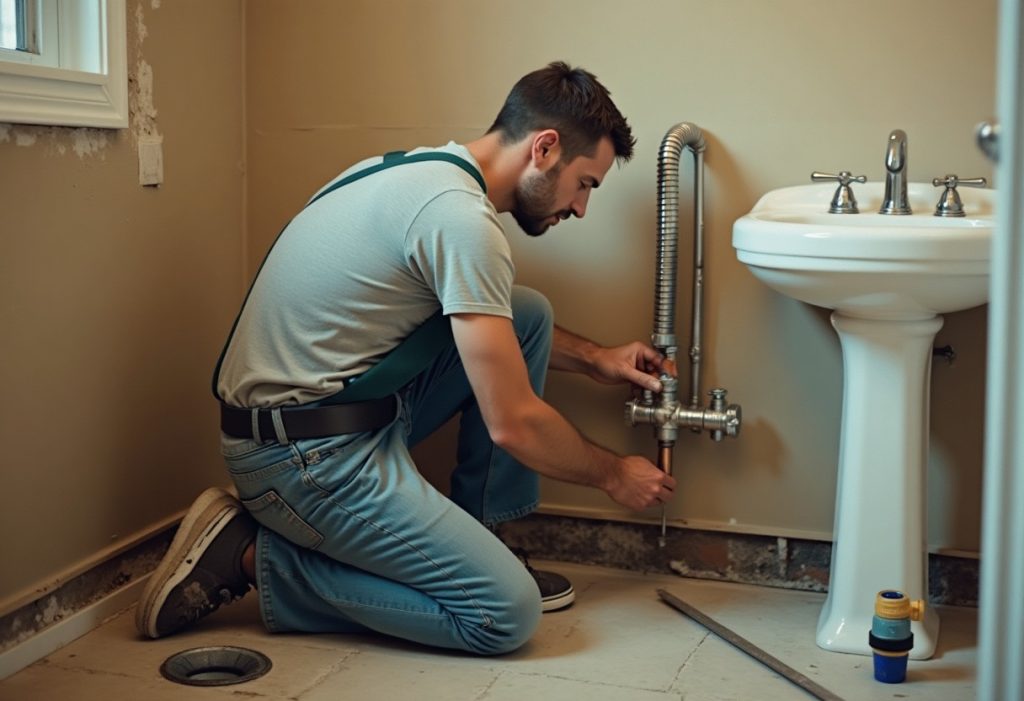 Plumber installing copper shower valve and drain assembly in open bathroom wall