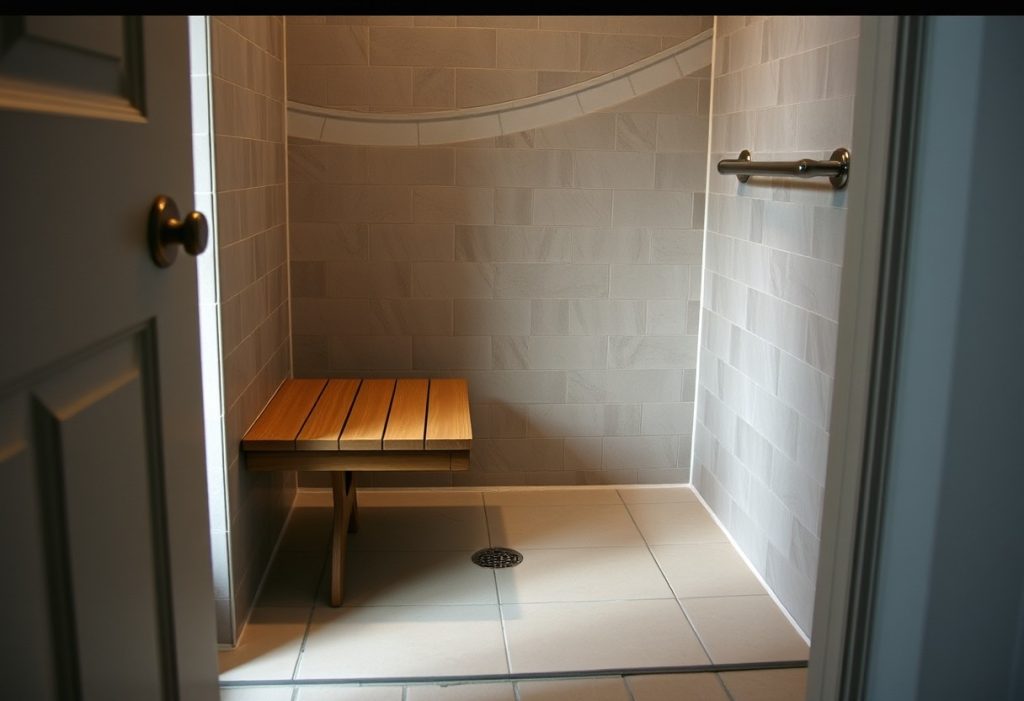 Curbless shower with flush tile floor, fold-down bench and wall-mounted grab bar