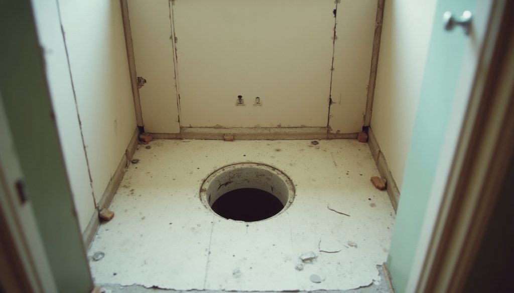 A bathroom mid-renovation with the old bathtub removed, exposed shower drain rough-in in the subfloor and new waterproof