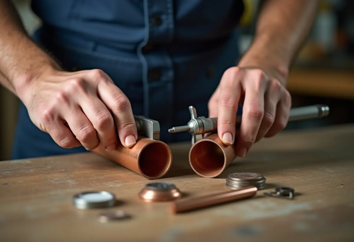 Plumber measuring wall thickness of two copper pipe ends with calipers