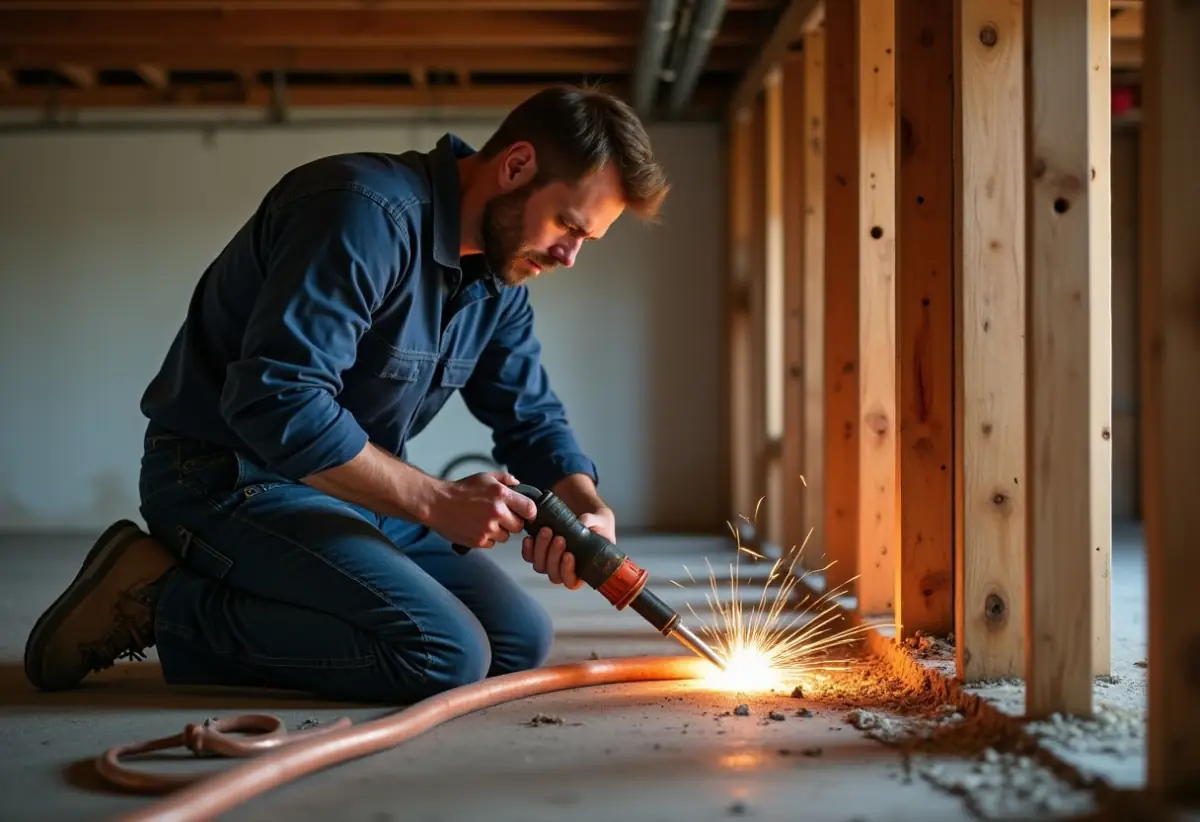 Plumber soldering copper pipe joint inside a home crawlspace