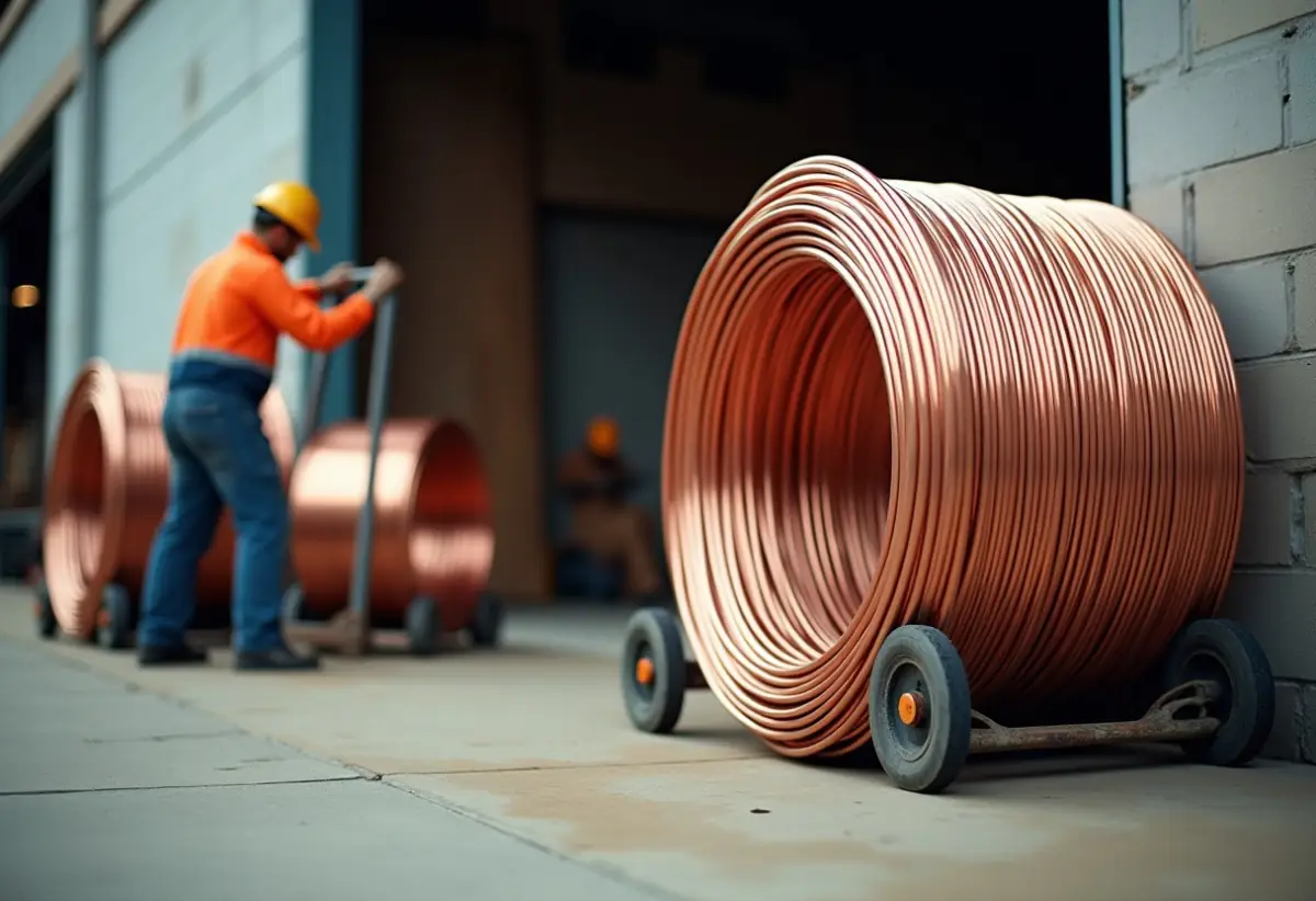 Worker lifting a coil of copper tubing onto a hand truck