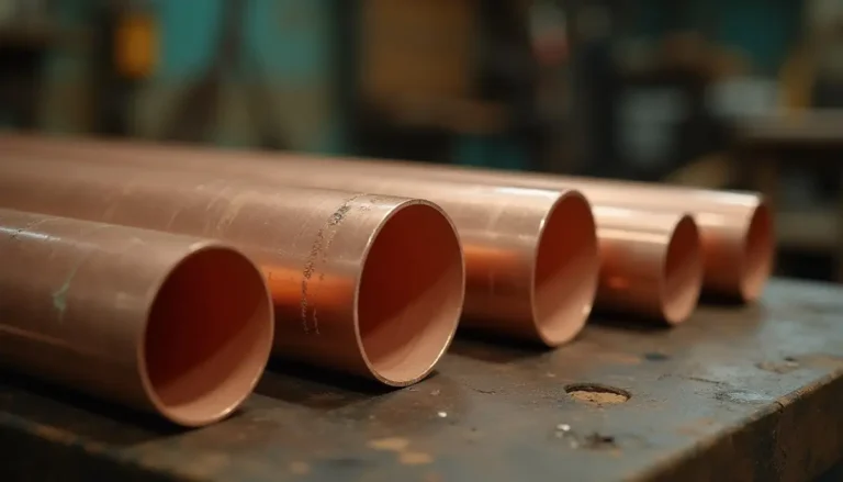 Cut ends of copper pipe of the same diameter lined up on a workbench showing different wall thicknesses in cross-section