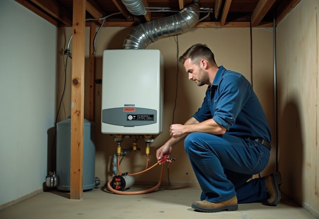 Plumber installing a wall-mounted tankless water heater with copper gas and vent pipe fittings
