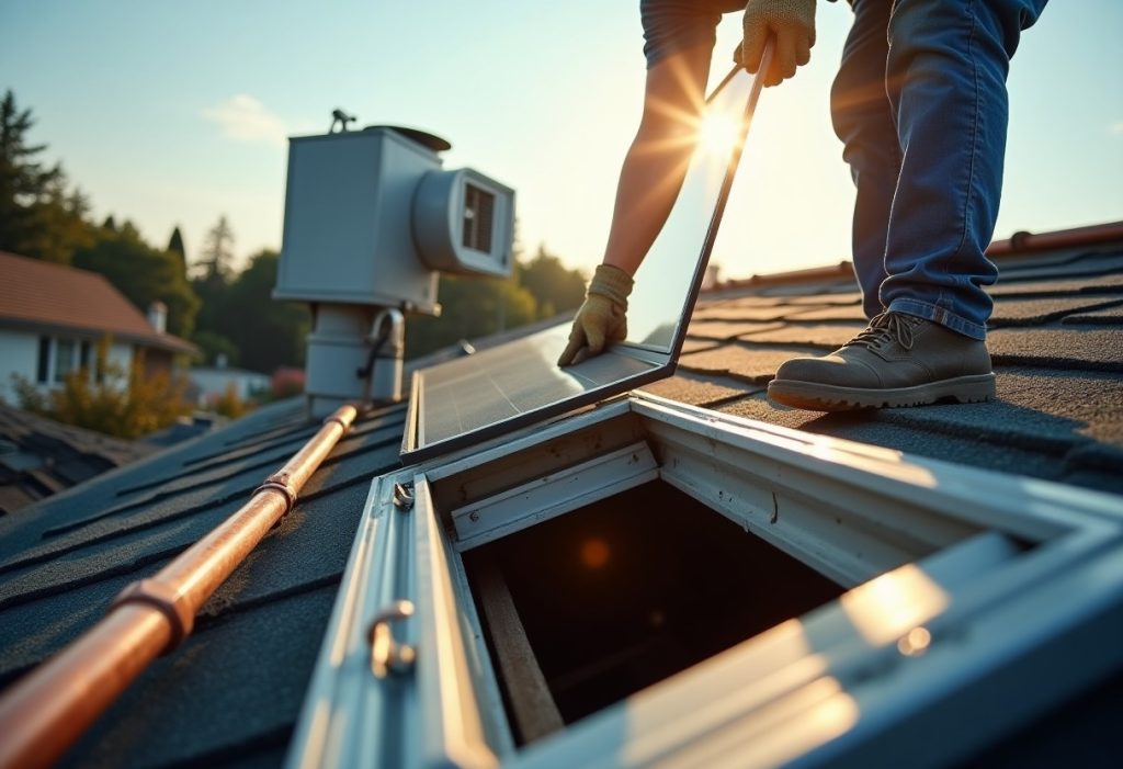 Worker securing a solar collector panel on a rooftop above insulated copper piping