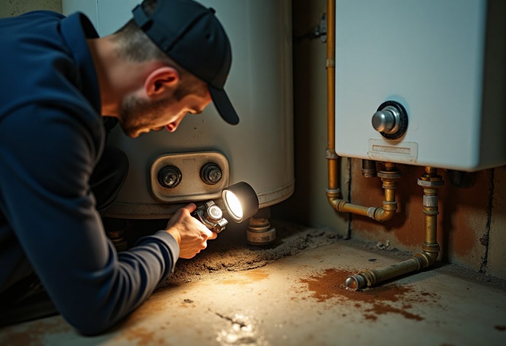 Plumber inspecting a rusted storage tank drain valve beside a wall-mounted tankless heater