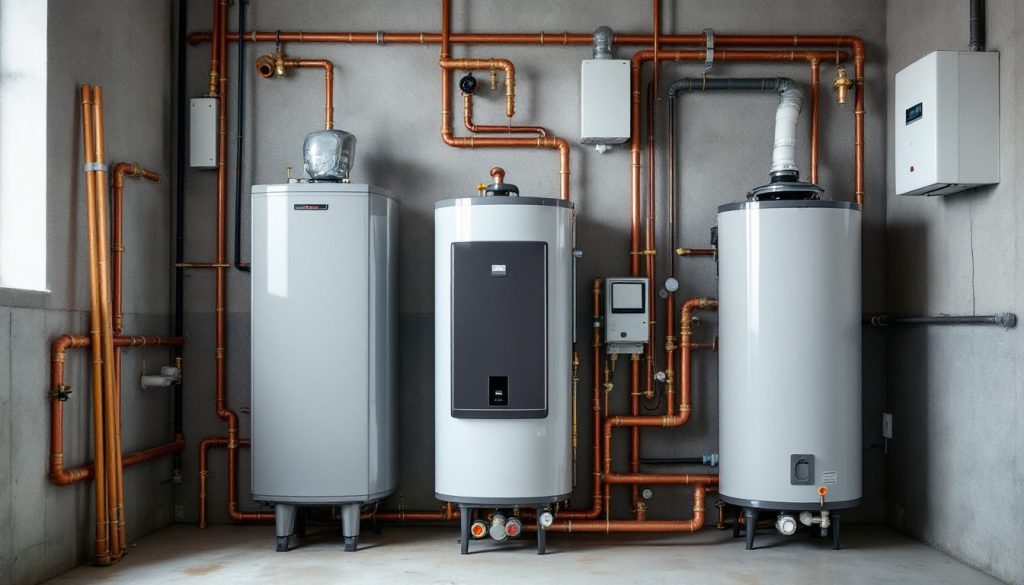 Tank, tankless, and hybrid water heaters with copper piping; gloved hands adjust a fitting.