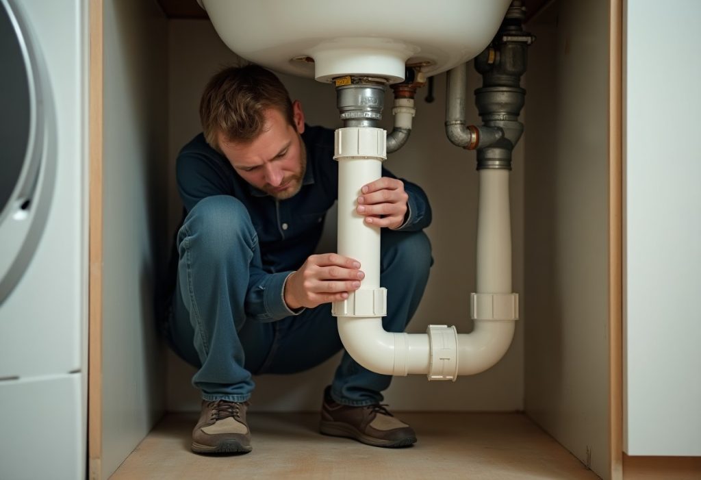 Plumber fitting a curved PVC P-trap onto a laundry standpipe with vent pipe visible