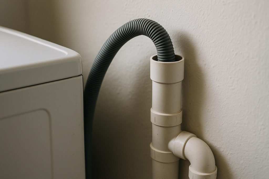 A washing machine drain hose in a PVC standpipe