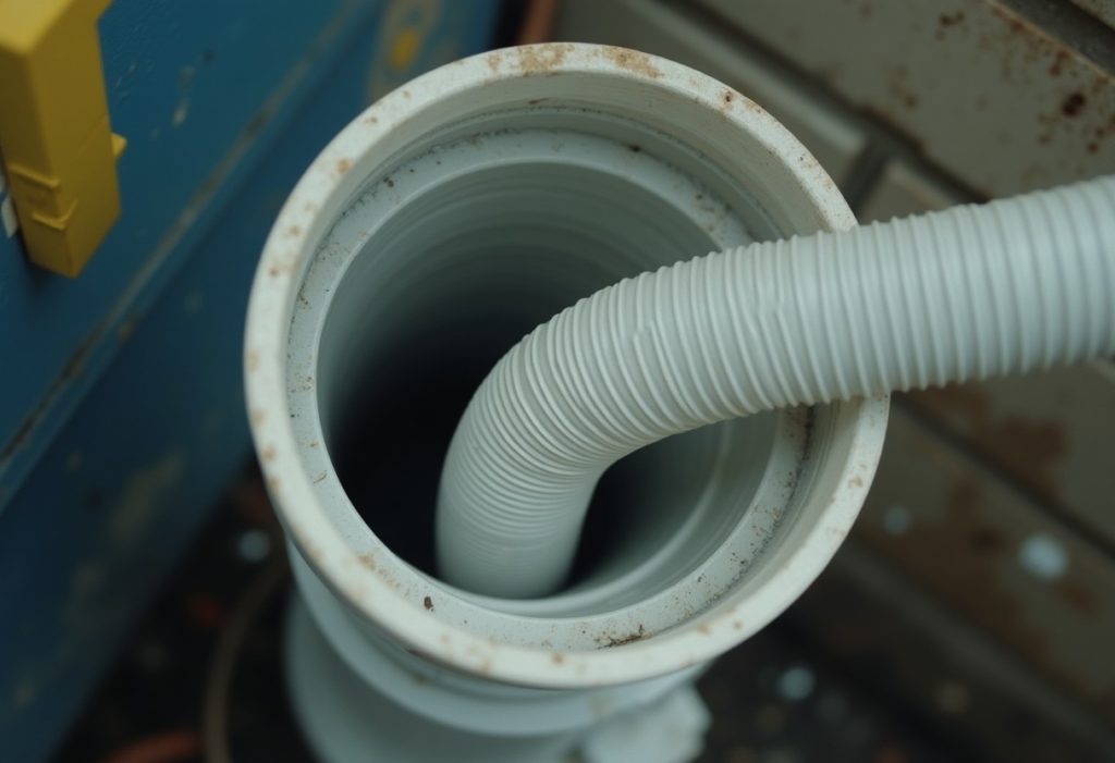 Washing machine drain hose resting loosely inside standpipe with visible air gap