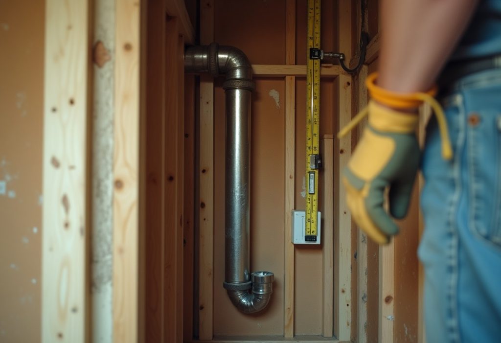 Vent pipe rising from a P-trap and standpipe inside an open wall cavity