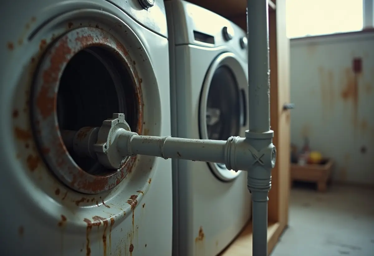 Standpipe behind washing machine with water risen near the top opening