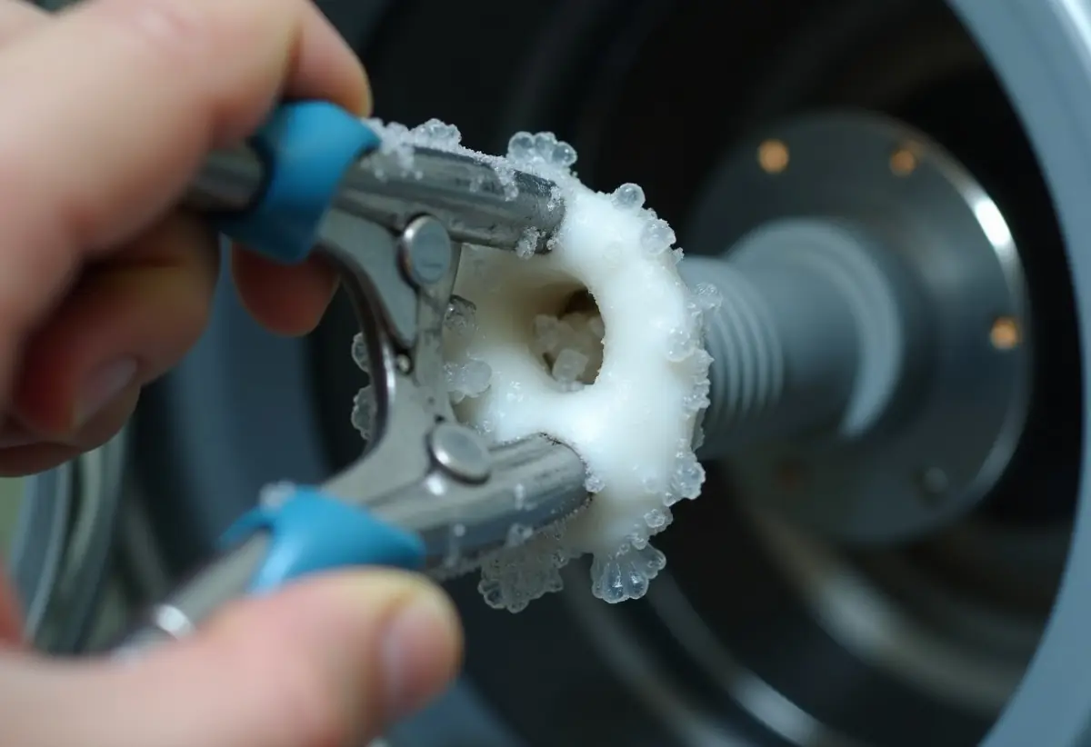 Washing machine pump filter removed showing detergent foam residue
