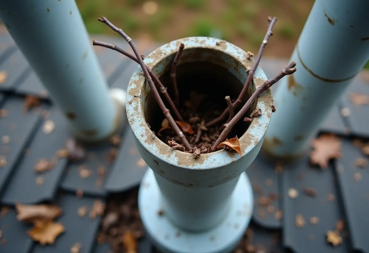 Plumbing vent pipe on roof partially blocked with leaves and debris