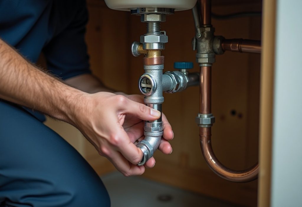 Plumber installing a chrome water hammer arrestor on a washing machine hose bib valve