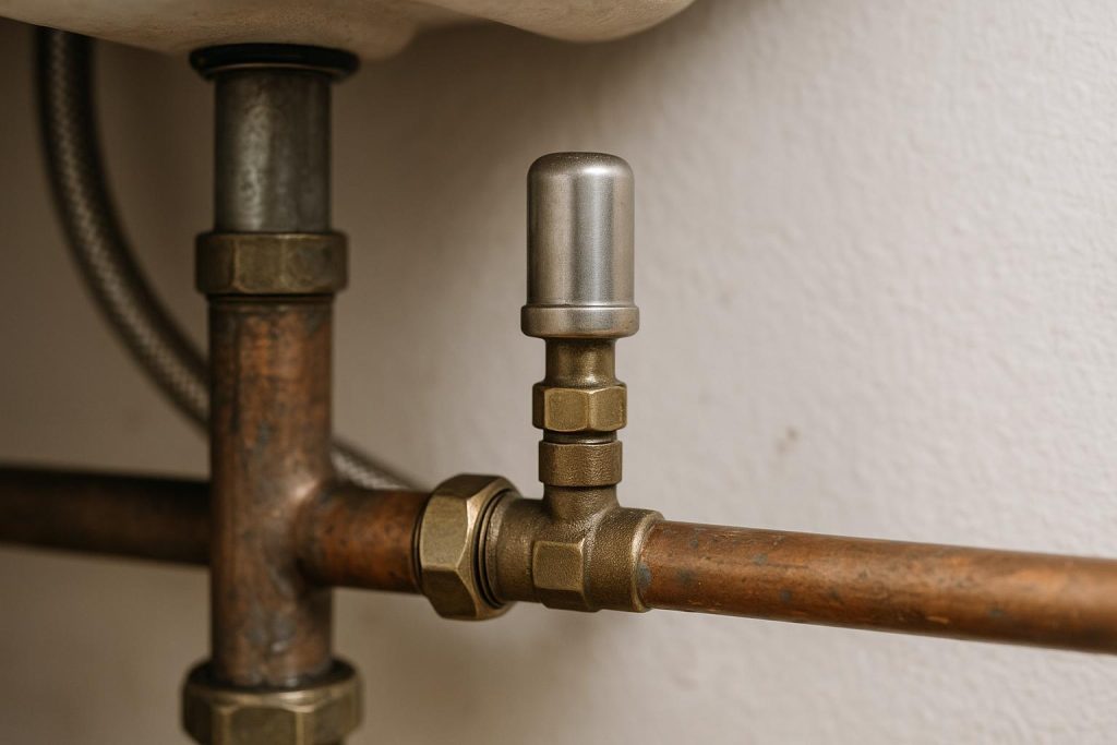 A water hammer arrestor installed on a copper pipe