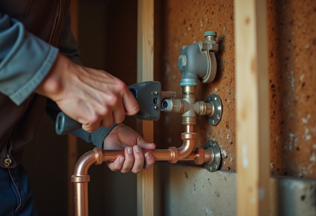 Plumber tightening a copper tee and water hammer arrestor inside an open wall cavity