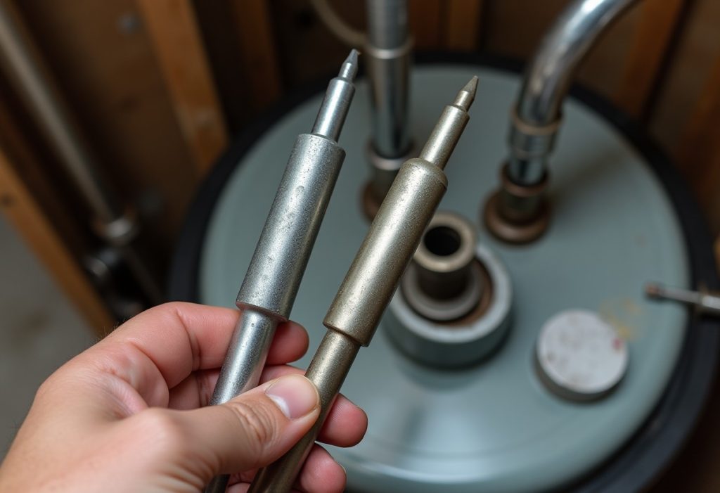 Plumber comparing a magnesium rod and an aluminum-zinc rod above an open water heater tank