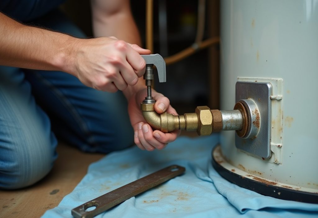 Plumber installing a new anode rod into a water heater with a wrench