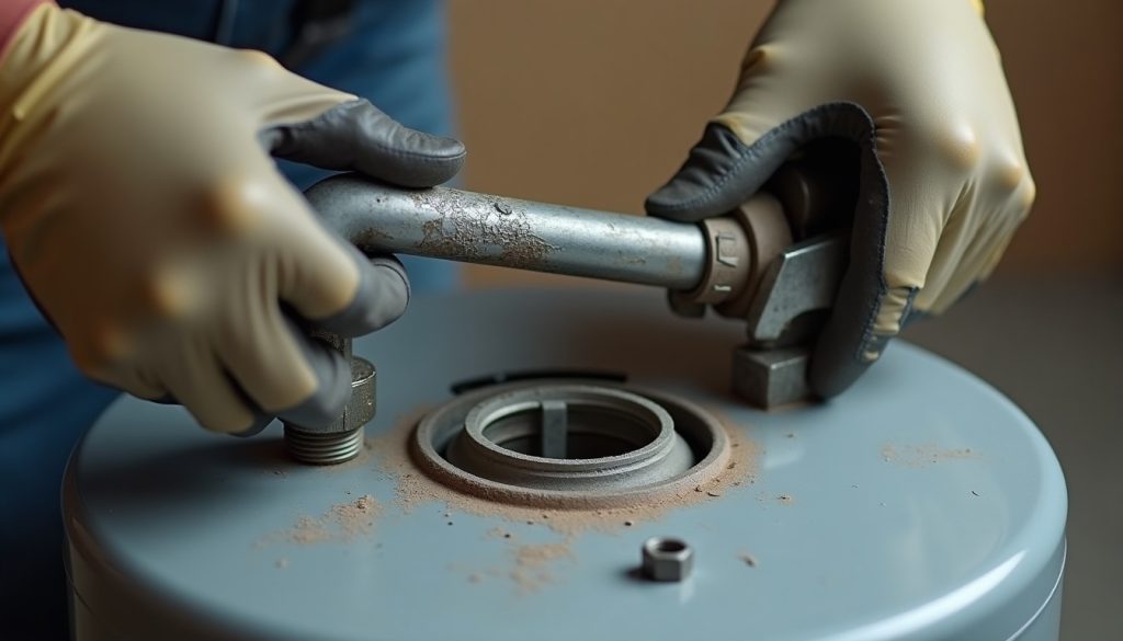 Gloved hands hold a corroded, calcium-coated water heater anode rod over an open tank fitting, pipe wrench nearby.