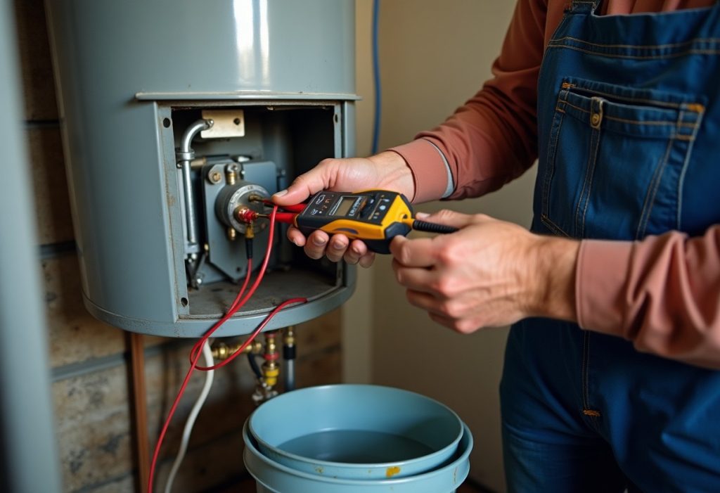 Plumber testing upper heating element terminal with multimeter on water heater