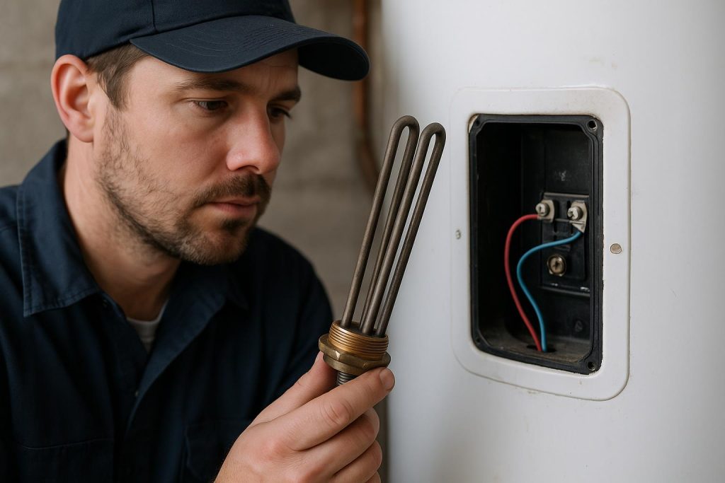 An electric water heater heating element beside an access panel