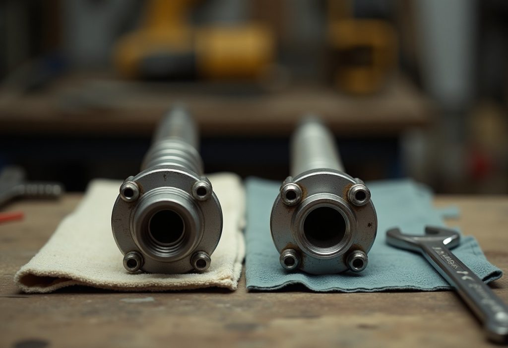 Screw-in and bolt-in water heater elements side by side on workbench