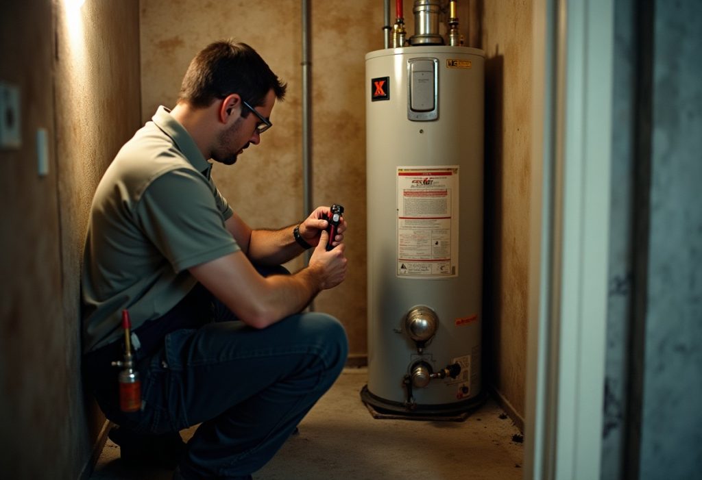 Technician turning gas control knob on water heater before relighting pilot