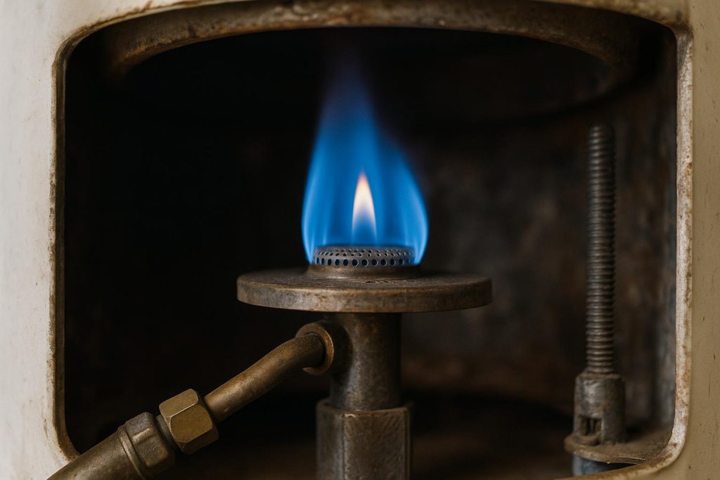 The blue pilot flame at the base of a gas water heater