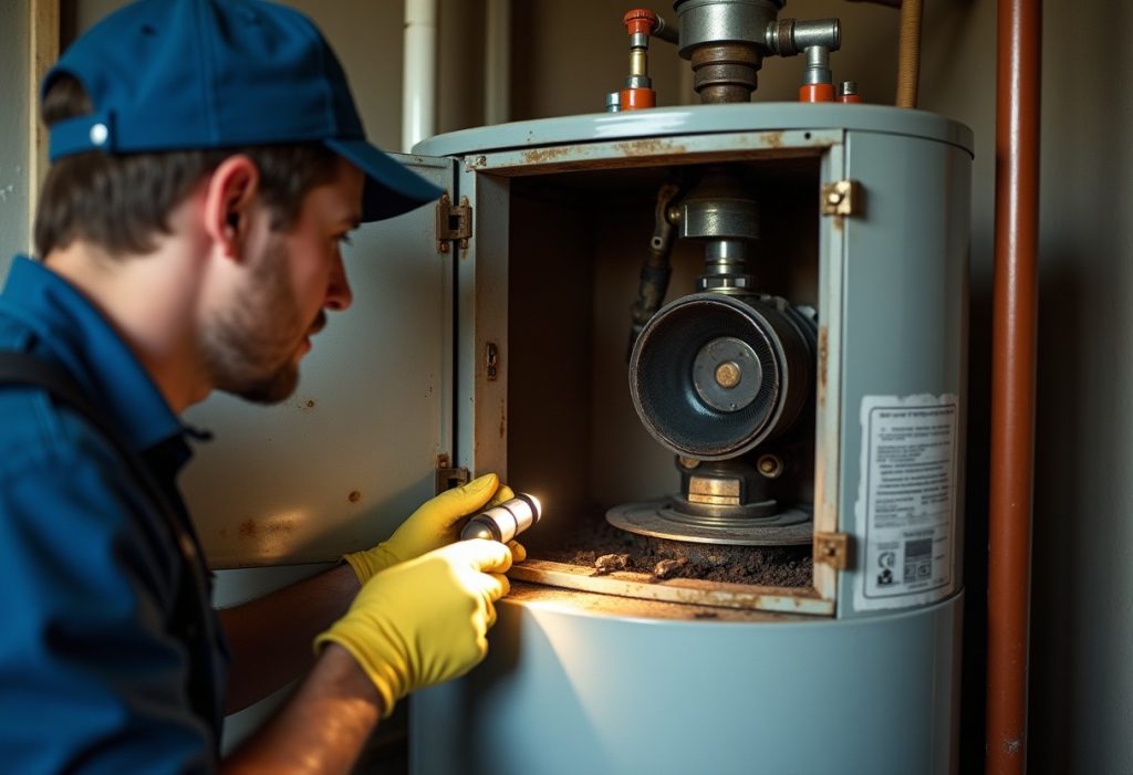 Plumber inspecting sooted burner and draft hood inside water heater cabinet