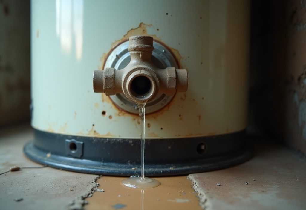 Water dripping from a water heater pressure relief valve discharge pipe onto the floor