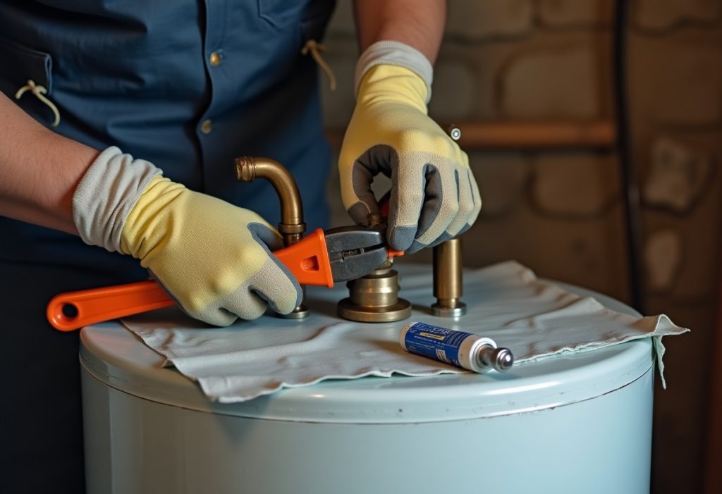 Hands using a pipe wrench to remove a water heater pressure relief valve